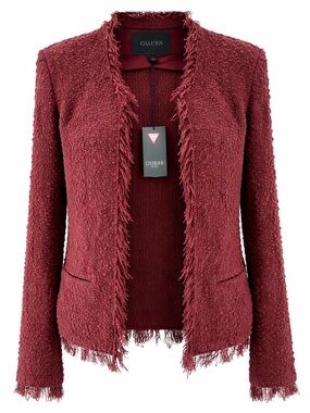 NWT GUESS Burgundy Bouclé Fringe Blazer Jacket Women’s Small Open Front